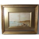 F Ramus - water colour coastal scene with yachts - signed and dated 1902, 12 x 26cm