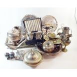 A box of miscellaneous silver plated items and a pair of brass vases