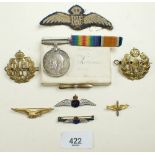 A WWI war medal to R J Wedlake 253587 RAF and badges etc