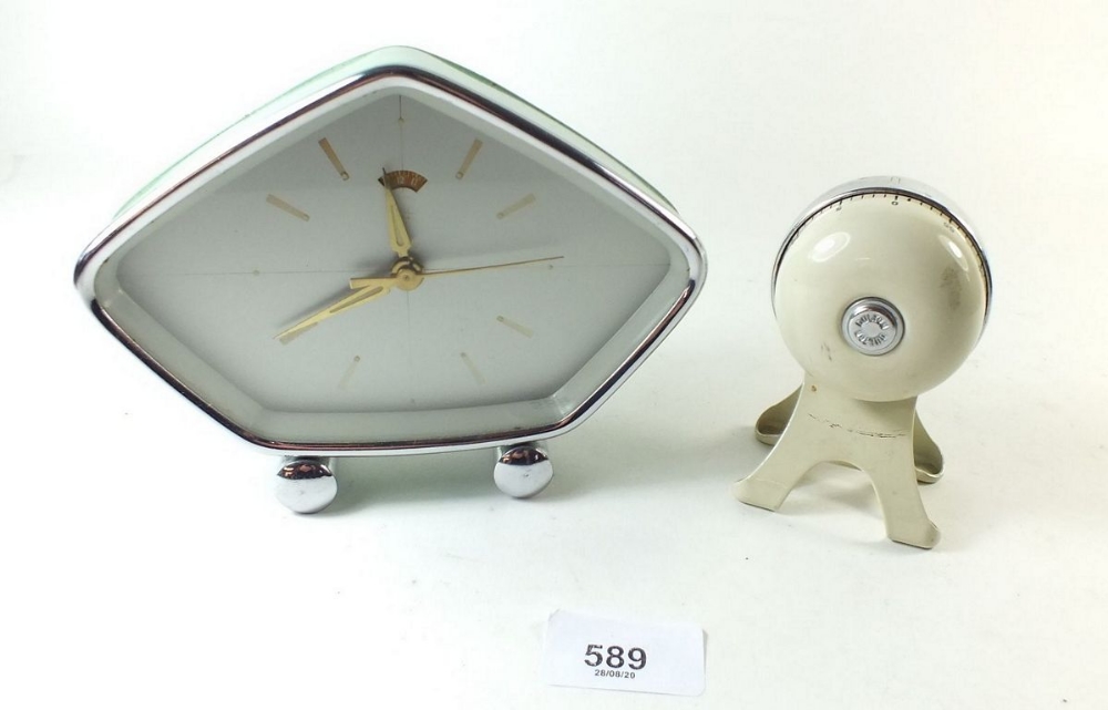 A vintage retro 1960's mantel alarm clock together with a vintage Dulton kitchen timer