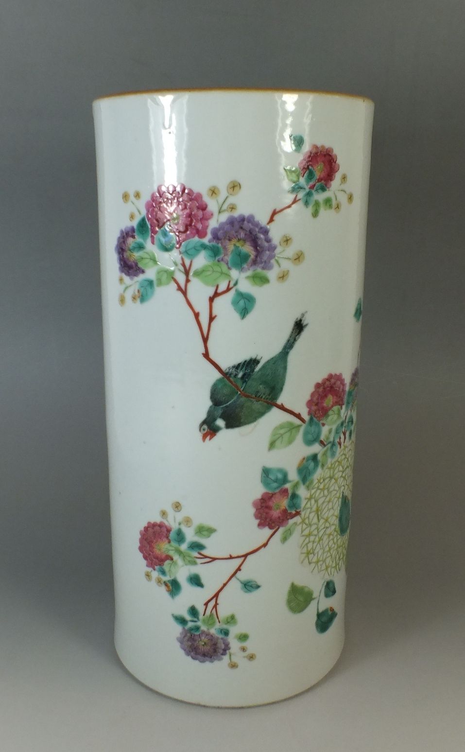 A 19th century Chinese famille rose cylindrical vase painted flowers and birds, - Image 3 of 5