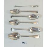 Four Georgian silver tablespoons and one later by Peter and William Bateman (condition, poor), 298g