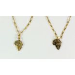 Two 9ct gold necklace chains with African continent shaped pendants, 8.0 grams.