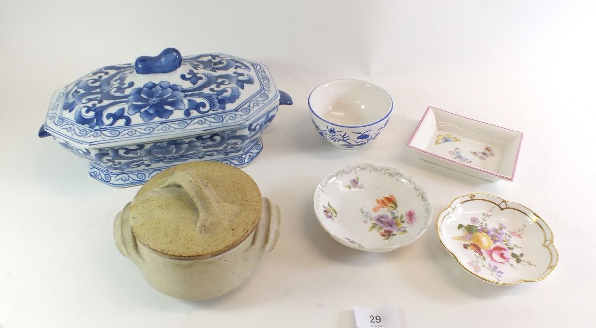 A selection of miscellaneous pottery items to include blue and white lidded dish, Royal Crown