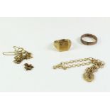 A selection of 9ct gold items to include a gents signet ring, a plain band, a bracelet with