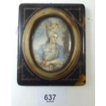 A French 19th century watercolour on ivory portrait of a women with ornate headdress 6.5 x 5cm