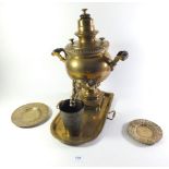 A Russian brass samovar with original tray, two brass dishes and a beaker