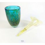 A Medina green glass vase 14.5cm tall and a vaseline glass flute from an epergne