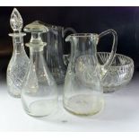 A group of glass to include two large jugs, fruit bowl and two decanters