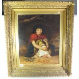 A late 19th century oil on canvas of a Romany gypsy girl in gilt frame, unsigned, 52 x 39cm