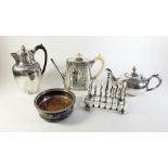 A box of silver plated items, hot water jug, two teapots, toastrack etc
