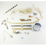 A selection of yellow metal and other costume jewellery to include necklaces, bracelet, pearl