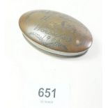 A brass pocket snuff engraved with handshake motif and Mr G Lamb, Moors Ketch, Worcester 1909?