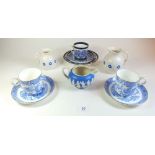 A Coalport trio, two Worcester blue and white coffee cups and saucers and three small decorative