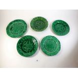 Five various Victorian green Majolica leaf plates