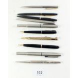 A collection of various ballpoint pens to include a sterling silver example, some Parkers and others