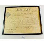 An army commission certificate dated 26th August 1927, signed by George V with the Royal Seal also