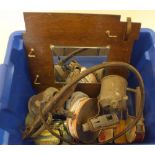 A box of collectables including blow torches, vintage hall mirror, packaging and pizzle whip