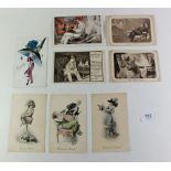 A selection of postcards, comical ladies and others