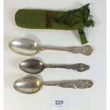 Three Tiffany sterling silver spoons with decorative stems, total 135g