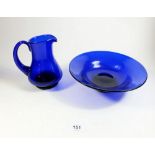 A Bristol blue small bowl and jug, jug 12cm tall