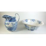 A Victorian blue and white toiletry bowl with matched jug