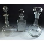 A decanter engraved owl and two other glass decanters