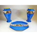 A pair of H & K Tunstall blue vases and dressing table tray printed garden scenes