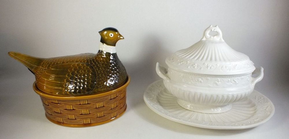 A large pheasant game tureen and a large cream soup tureen