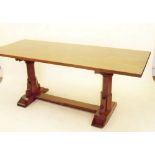 An oak refectory dining table with antique end supports, replacement top and stretcher 199 x 81 x 78
