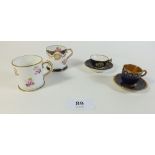 Two Royal Crown Derby miniature tankards, a similar cup and saucer and another a/f