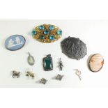 A selection of brooches, charms etc