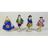 Four 19th century small porcelain figurines in the manner of Chelsea, two with gold anchor marks,