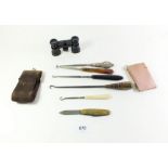 A group of button hooks, opera glasses, lorgnette, penknife etc