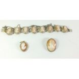 A cameo jewellery set on silver to include a bracelet, brooch and pendant, sold by A Francis of