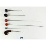 Six various stone set hatpins including banded agate