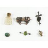 A silver Mizpah brooch, miniature chatelaine scent bottles, scarab beetles etc