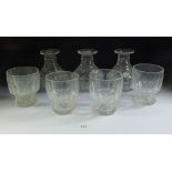 Three 19th century squat cut glass carafes and four facet cut large Victorian tumblers