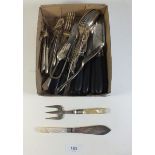 Various silver plated cutlery including ebony handled steel knives and various butter knives