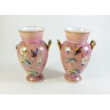 A pair of 19th century pink glass vases with hand painted decoration of insects and flowers, 14 ½ cm