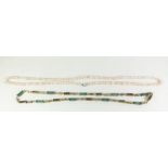 A freshwater pearl necklace together with a Chinese style jade and yellow metal necklace (pearl