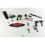 A selection of miscellaneous collectables and trinkets to include rosary beads with crucifix,