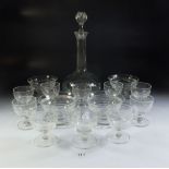 A group of glass including ten faceted squat glasses, a decanter and four cut glass Stuart sundae