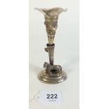 An Indian silver bud vase with embossed animal decoration and horse to base, 45g, 11cm tall