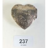 A 925 continental silver heart form trinket box embossed rococo scene, with Scottish import mark,
