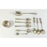 A silvr srviette ring and various silver spoons, 113g plus three Chinese white metal spoons