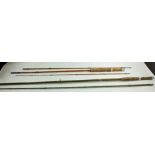 An Alcocks Popular bamboo 3 piece fishing rod together with another vintage fishing rod