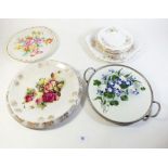Two floral cake stands, a floral cake plate and six Royal Albert Moss Rose tea plates