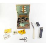 An Edwardian needlework box and contents including folding scissors and cut throat razor Est £10-20