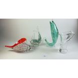 Two green glass fish, a glass shell and a glass vase